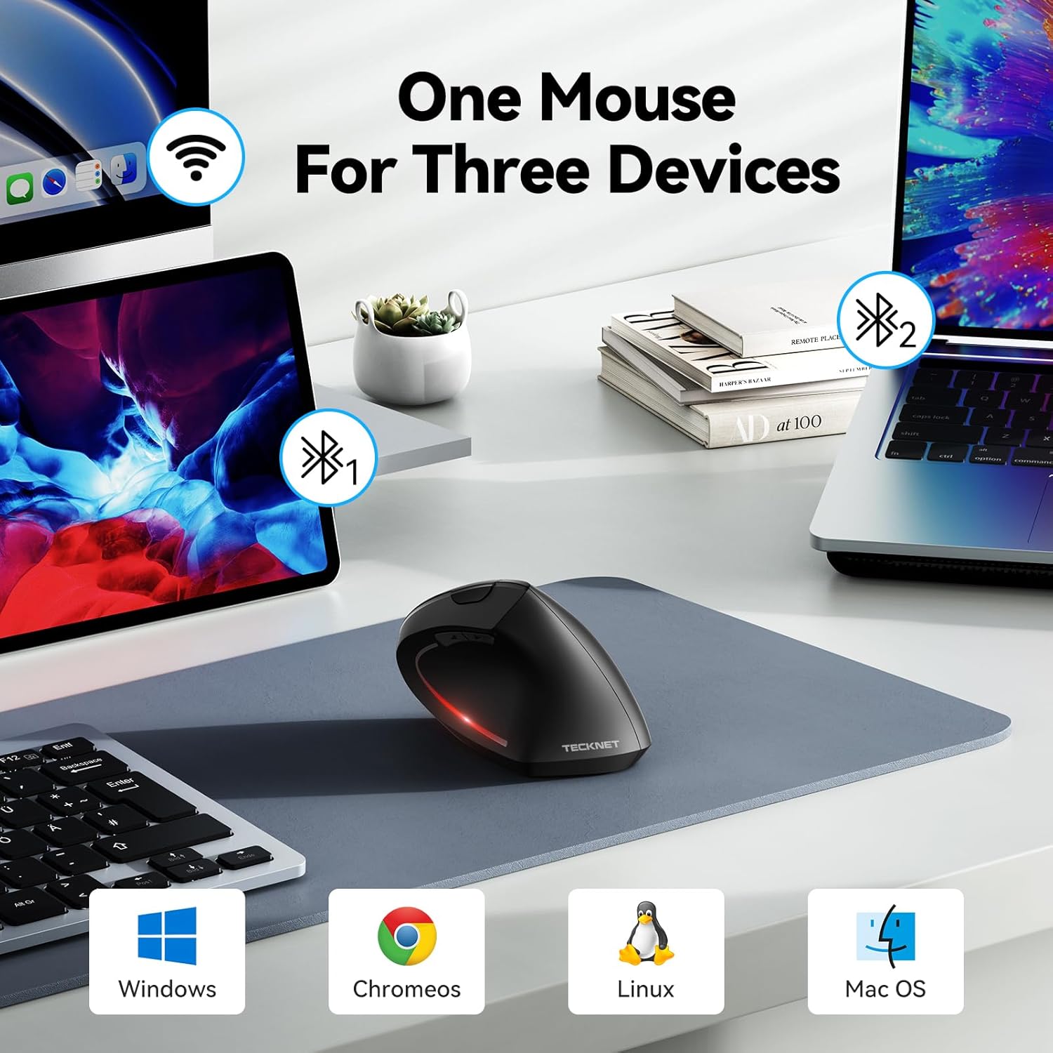 TECKNET Ergonomic Mouse, Wireless Bluetooth Vertical Mouse, 4800 DPI Optical Tracking, 6 Adjustable DPI, Quiet Clicks, 2.4GHz with USB A Receiver, 12 Months Battery, 6 Buttons, Wide Compatibility - Image 2