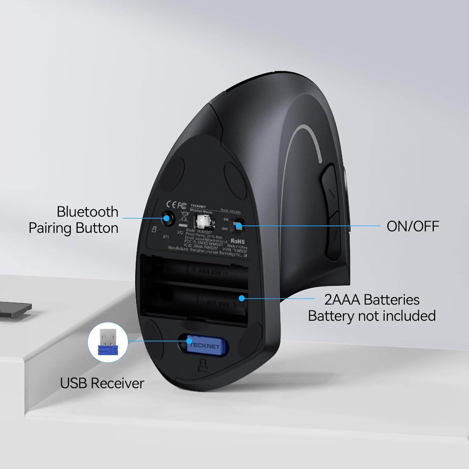 TECKNET Ergonomic Mouse, Wireless Bluetooth Vertical Mouse, 4800 DPI Optical Tracking, 6 Adjustable DPI, Quiet Clicks, 2.4GHz with USB A Receiver, 12 Months Battery, 6 Buttons, Wide Compatibility - Image 5