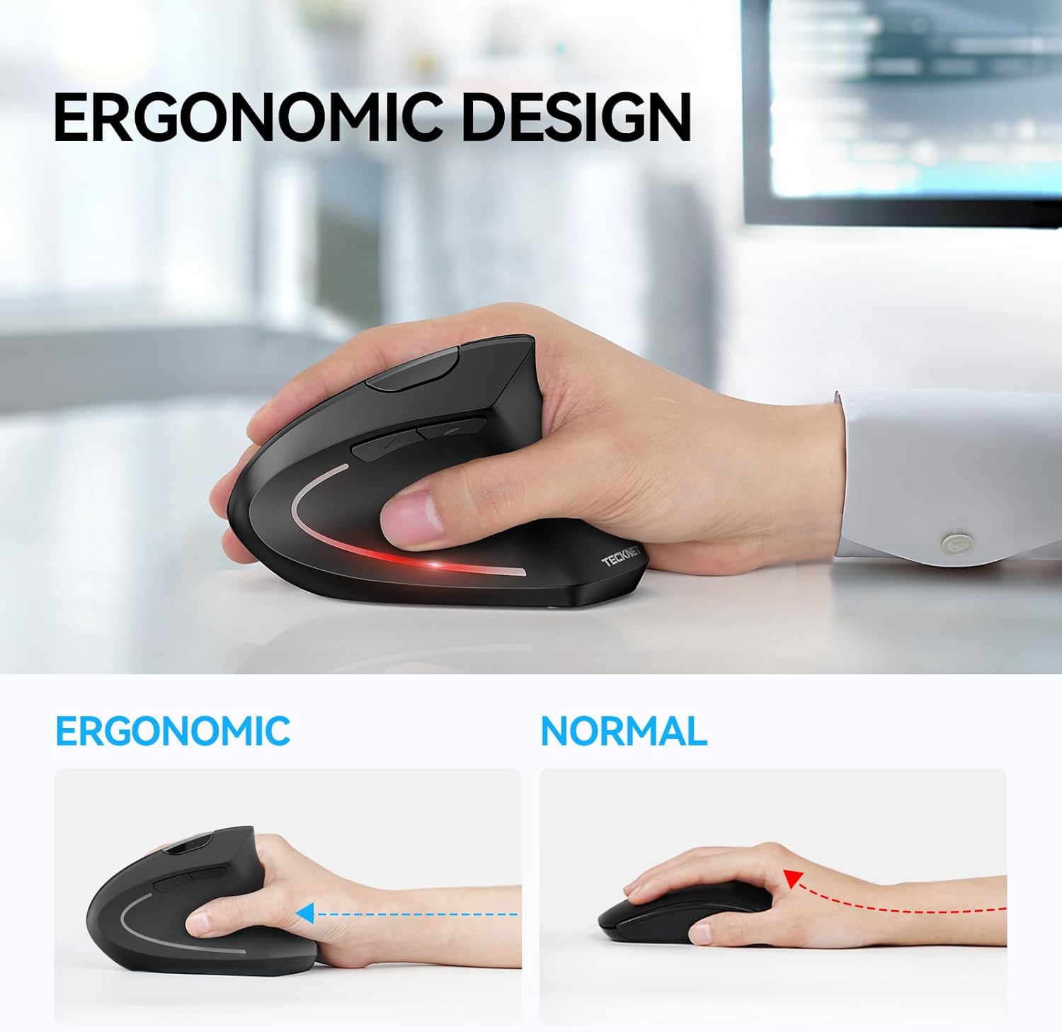 TECKNET Ergonomic Mouse, Wireless Bluetooth Vertical Mouse, 4800 DPI Optical Tracking, 6 Adjustable DPI, Quiet Clicks, 2.4GHz with USB A Receiver, 12 Months Battery, 6 Buttons, Wide Compatibility - Image 6