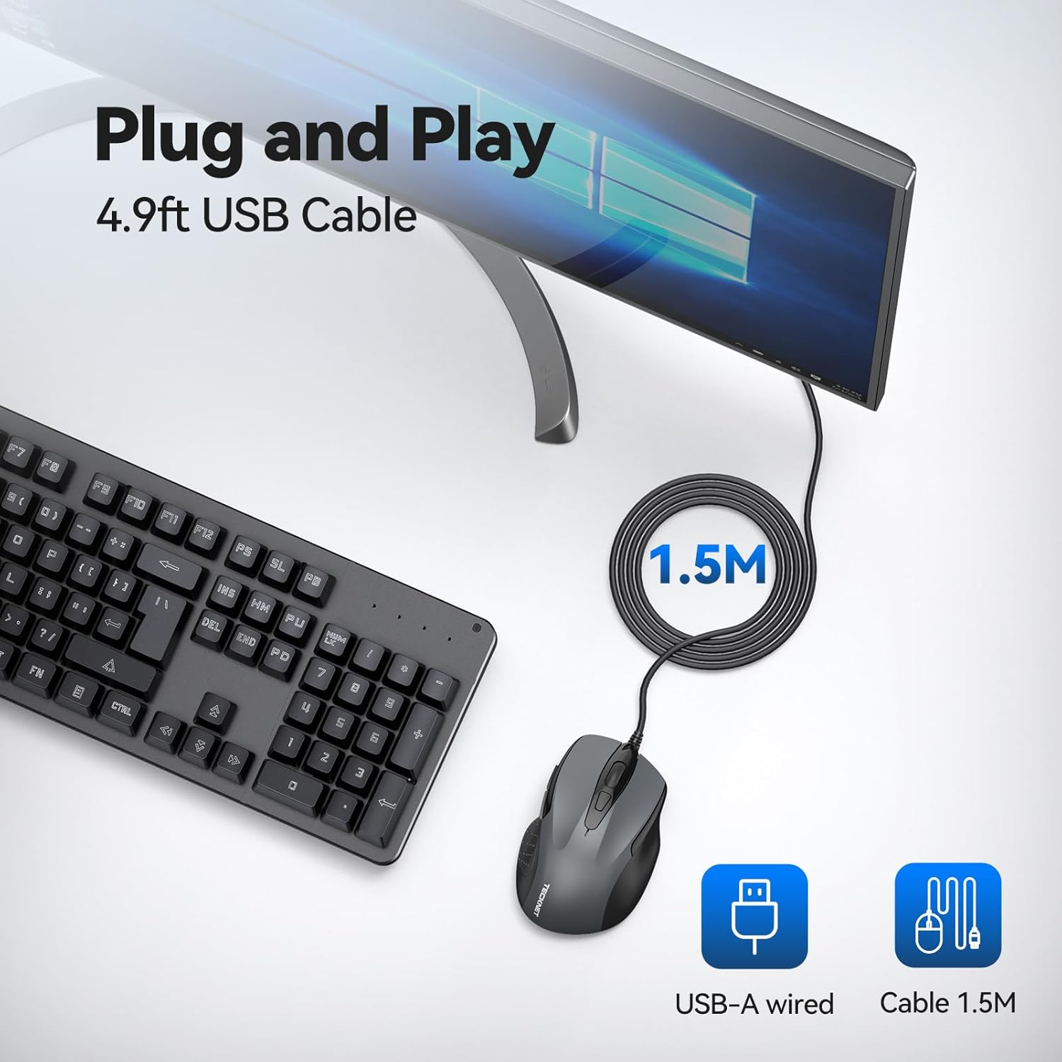 TECKNET USB Wired Mouse, 6-Button Corded Computer Mouse with 4 Adjustable DPI, Optical Computer Mice with Ergonomic Design and 5FT Cord for Laptop, Chromebook, PC, Desktop, Mac, Notebook-Gray - Image 5