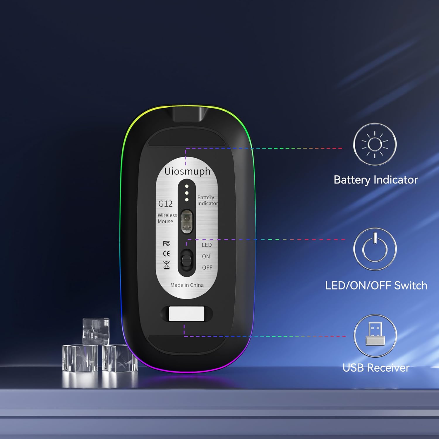 Uiosmuph LED Wireless Mouse, G12 Slim Rechargeable Silent Mouse, 2.4G Portable USB Optical Computer Mice with USB Receiver and Type C Adapter (Matte Black) - Image 6