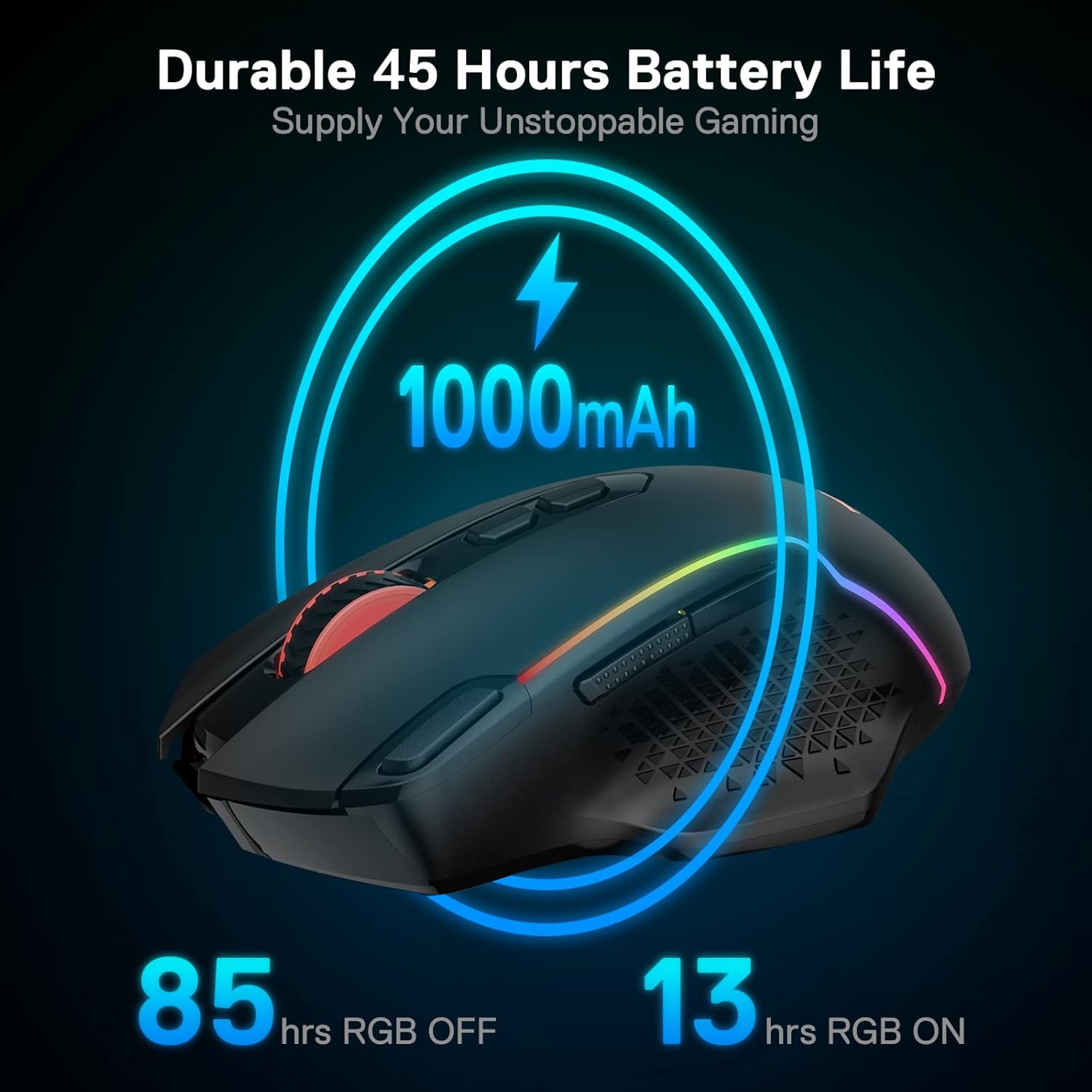 Redragon M810 Pro Wireless Gaming Mouse, 10000 DPI Wired/Wireless Gamer Mouse w/Rapid Fire Key, 8 Macro Buttons, 45-Hour Reliable Power Capacity and RGB Backlit for PC/Mac/Laptop - Image 7