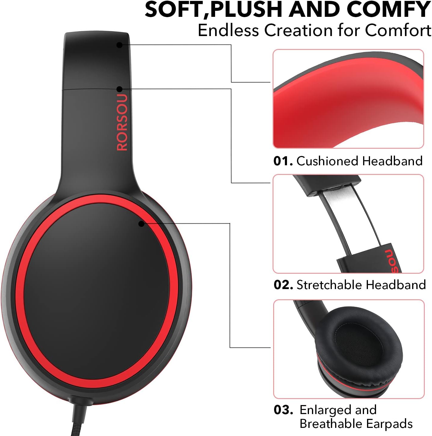 R10 Over-Ear Headphones with Microphone, Lightweight Folding Stereo Bass Headset with 1.5M No-Tangle Cord, Portable Wired Headphones for Smartphone Tablet Computer MP3 / 4 (Black) - Image 4